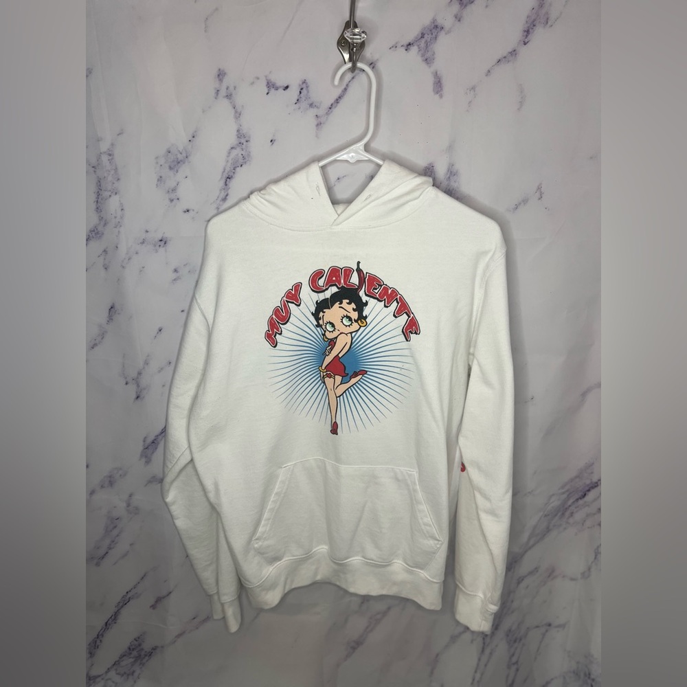 Betty Boop Women’s “Muy Caliente” White Hooded Pullover Sweater Sz M
